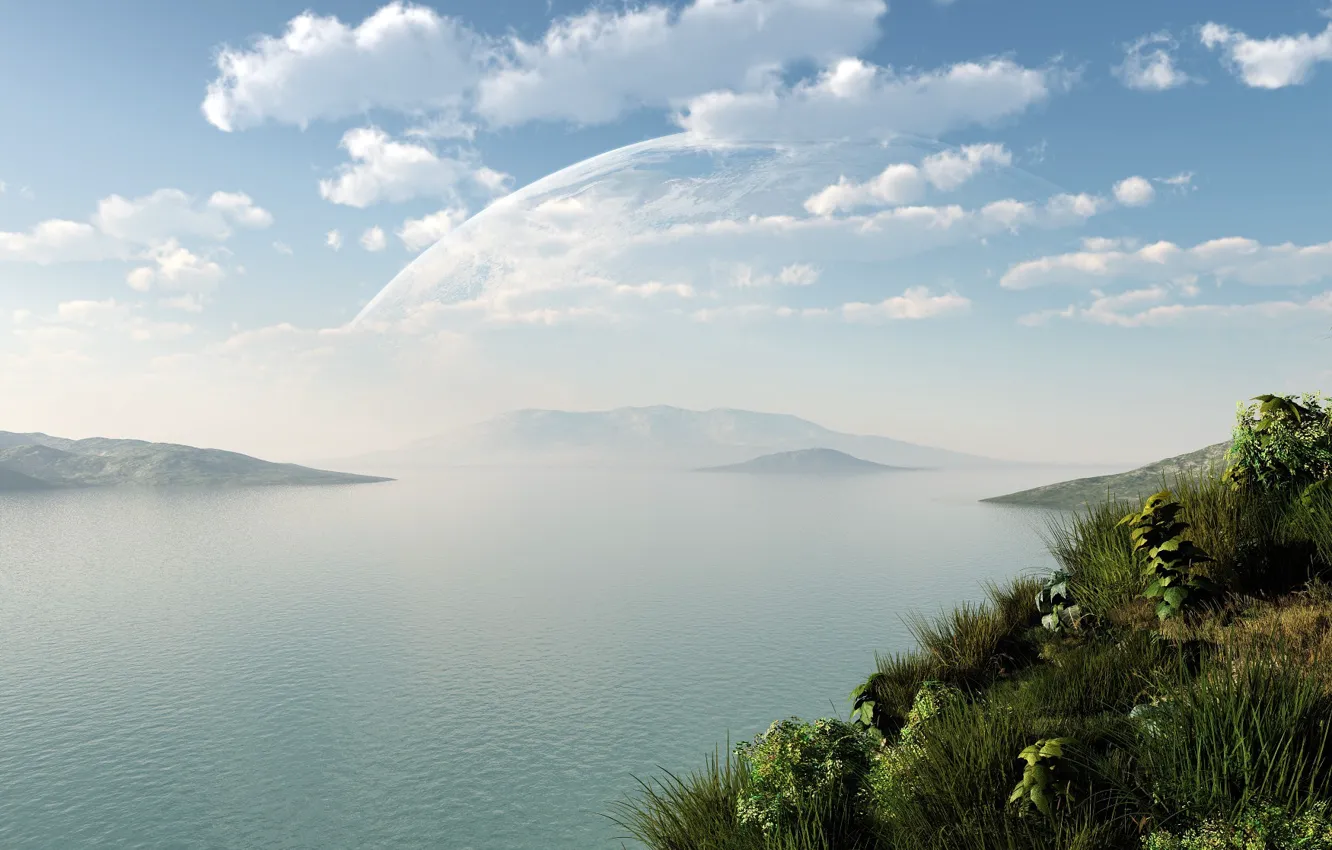 Photo wallpaper greens, grass, water, clouds, landscape, lake, river, hills