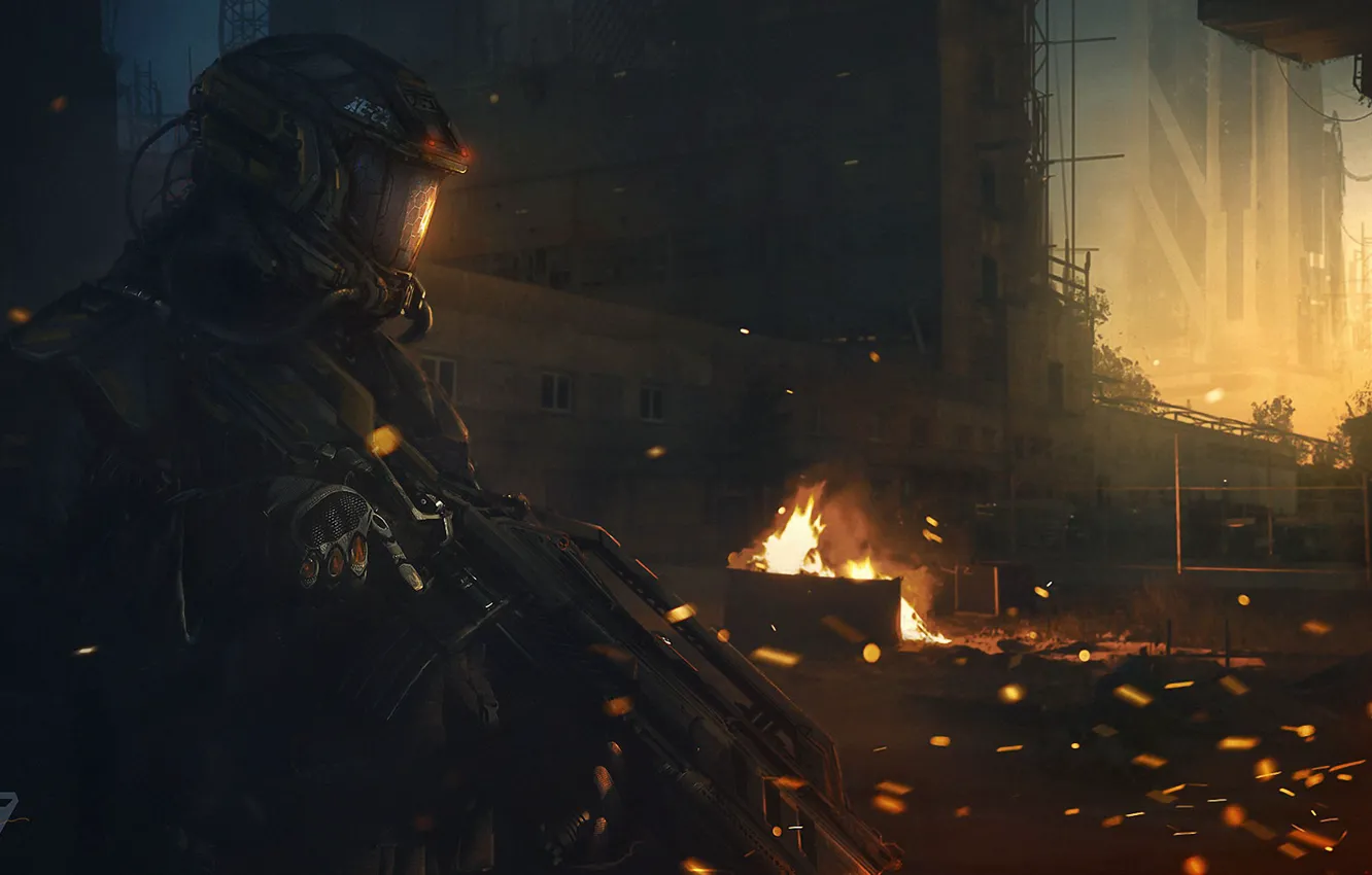 Photo wallpaper the city, lights, weapons, art, sparks, soldiers, machine, helmet