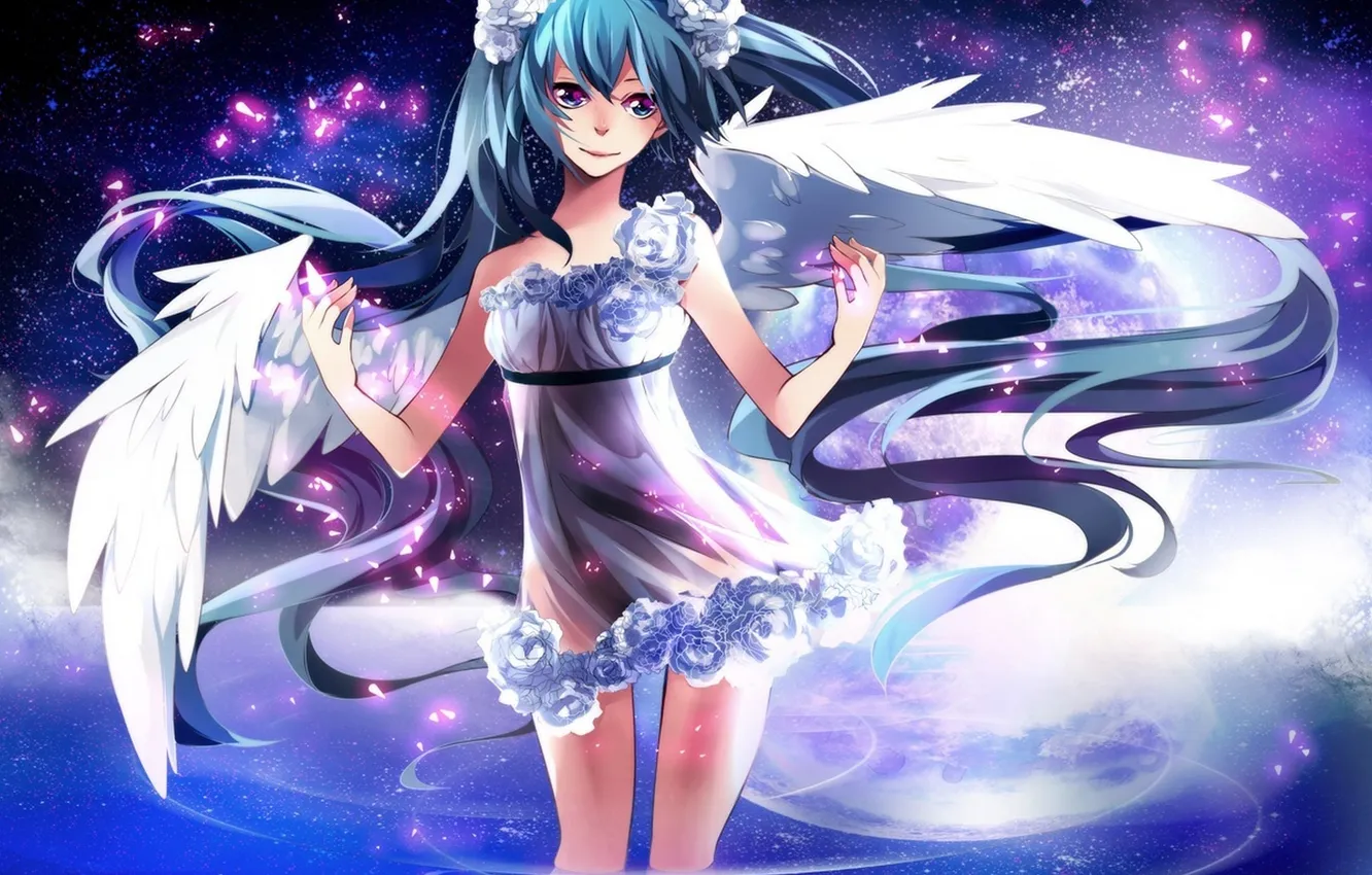 Photo wallpaper the sky, water, girl, stars, flowers, smile, wings, angel