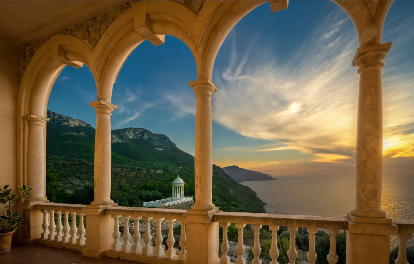 Photo wallpaper sea, Villa, Spain, gazebo, veranda, Balearic Islands, Deya