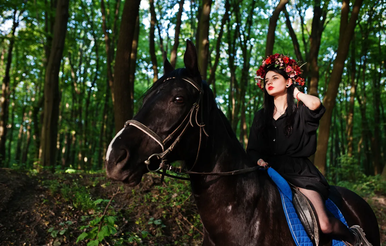 Photo wallpaper forest, look, girl, flowers, nature, horse, horse, makeup