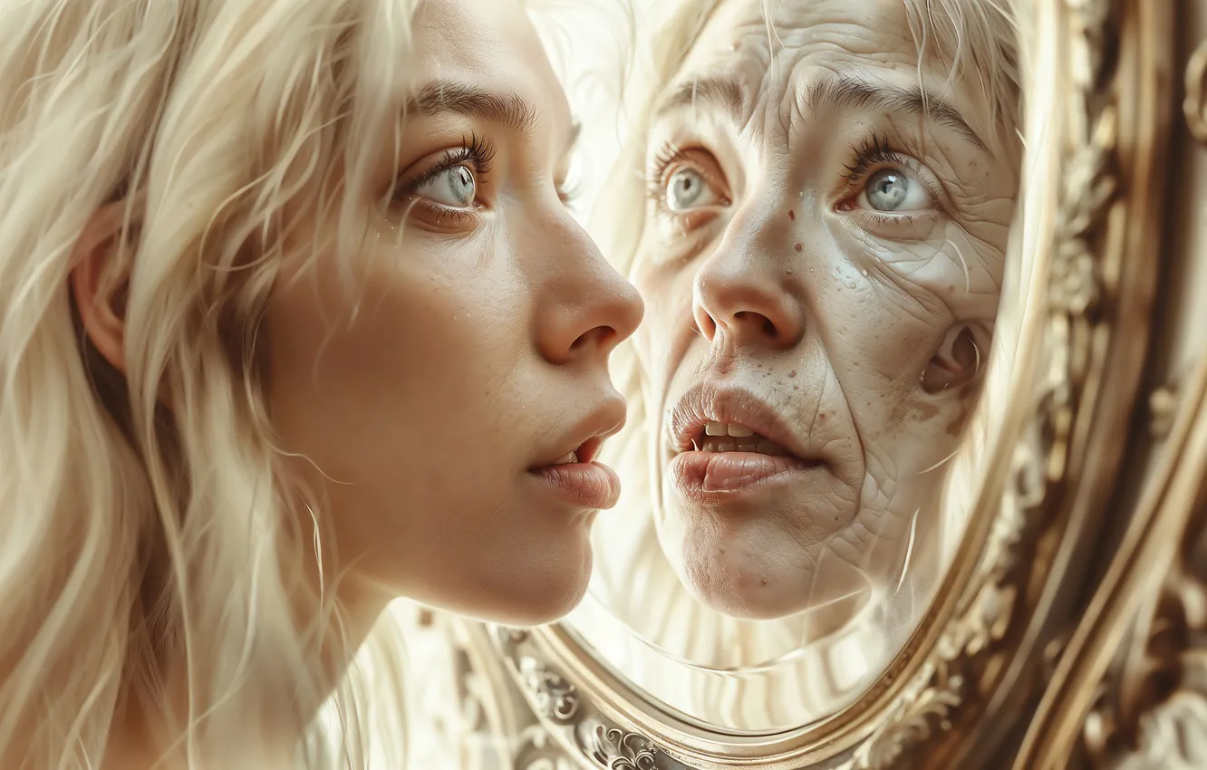 Photo wallpaper girl, old age, youth, mirror