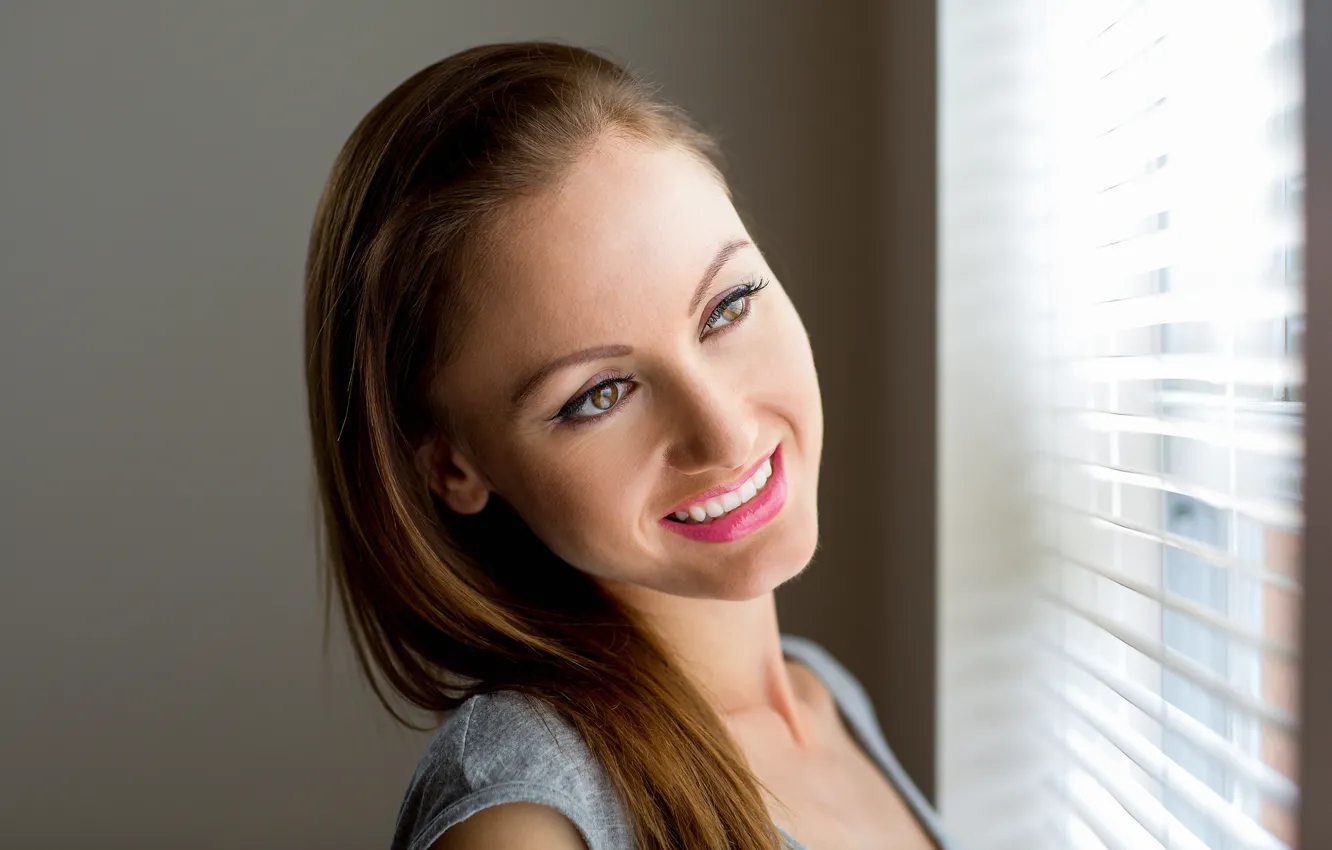 Photo wallpaper girl, face, smile, window, EMA, blinds