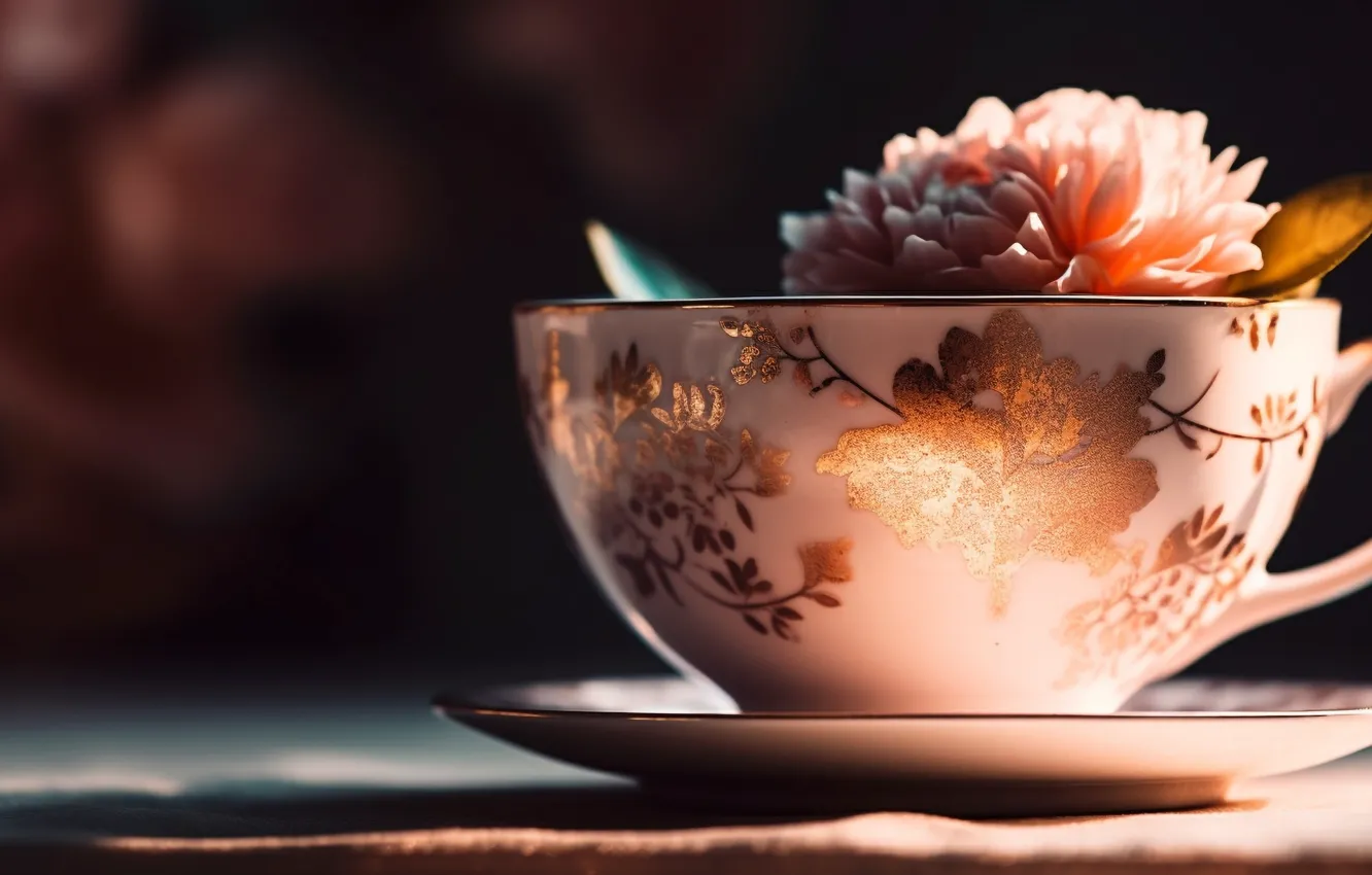 Photo wallpaper light, flowers, Cup, still life, saucer, digital art, AI art, The Art of Artificial Intelligence