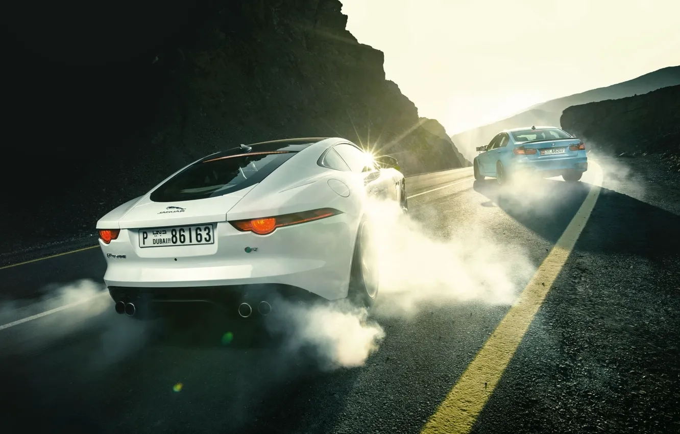 Photo wallpaper Jaguar, BMW, Cars, Sports, Smoke, Rear, F-Type R, Drifting