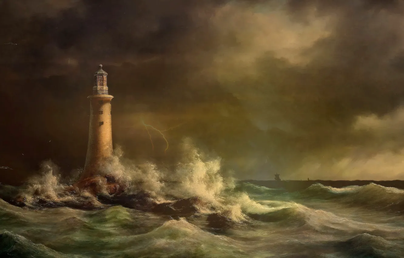 Photo wallpaper Sea, Figure, Lighthouse, Storm, Art, Art, Storm, Sea