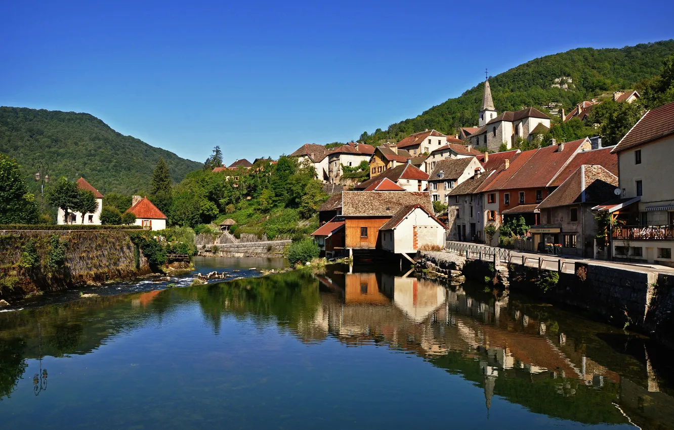 Photo wallpaper mountains, river, France, building, home, village, promenade, France