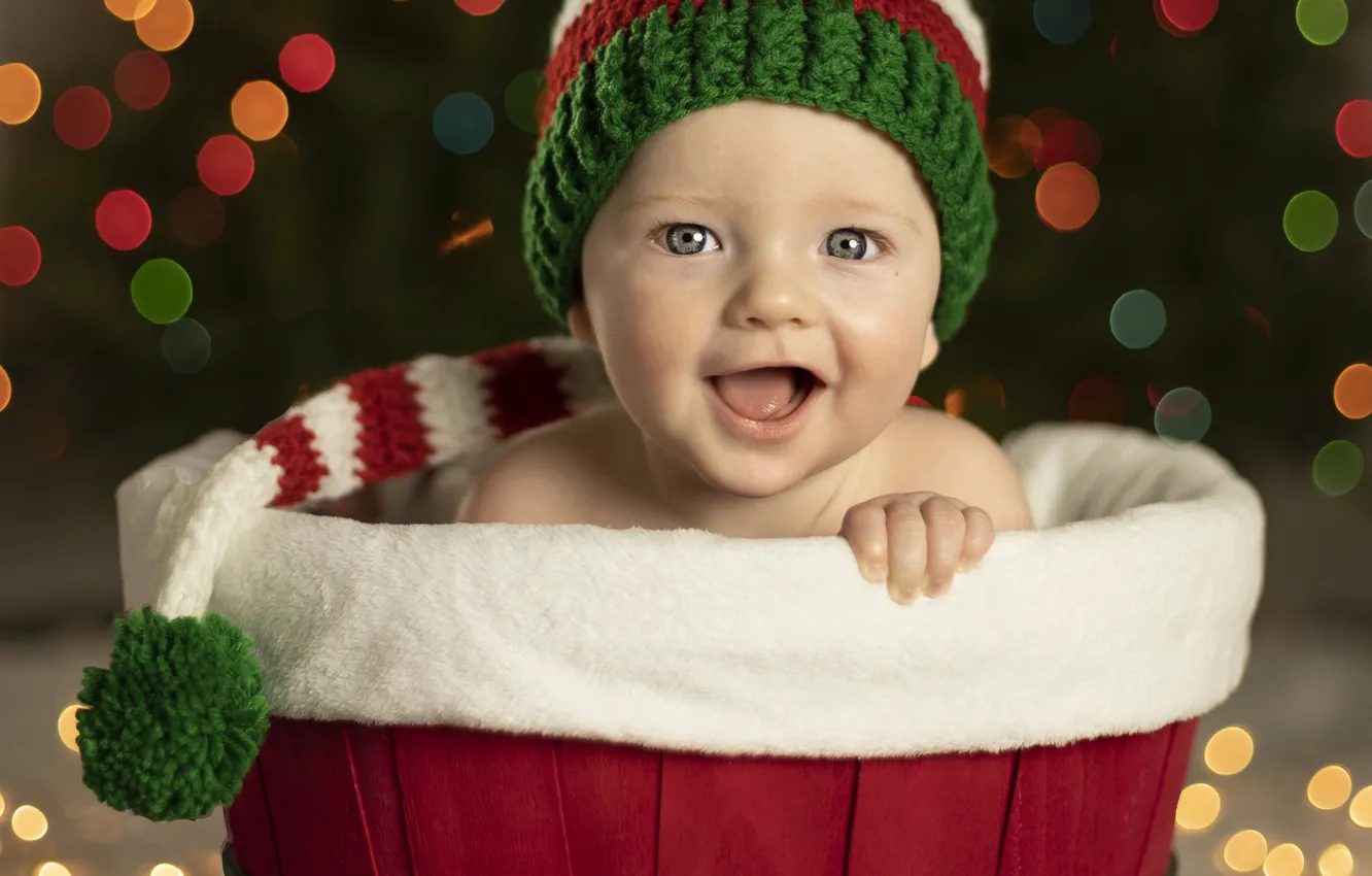 Photo wallpaper smile, glare, boy, baby, Christmas, New year, child, cap