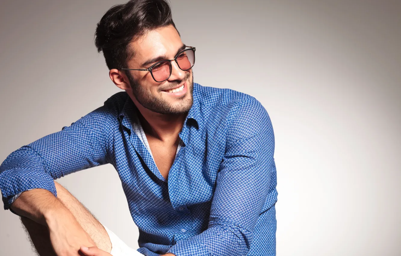 Photo wallpaper look, smile, style, glasses, hairstyle, male, guy, man