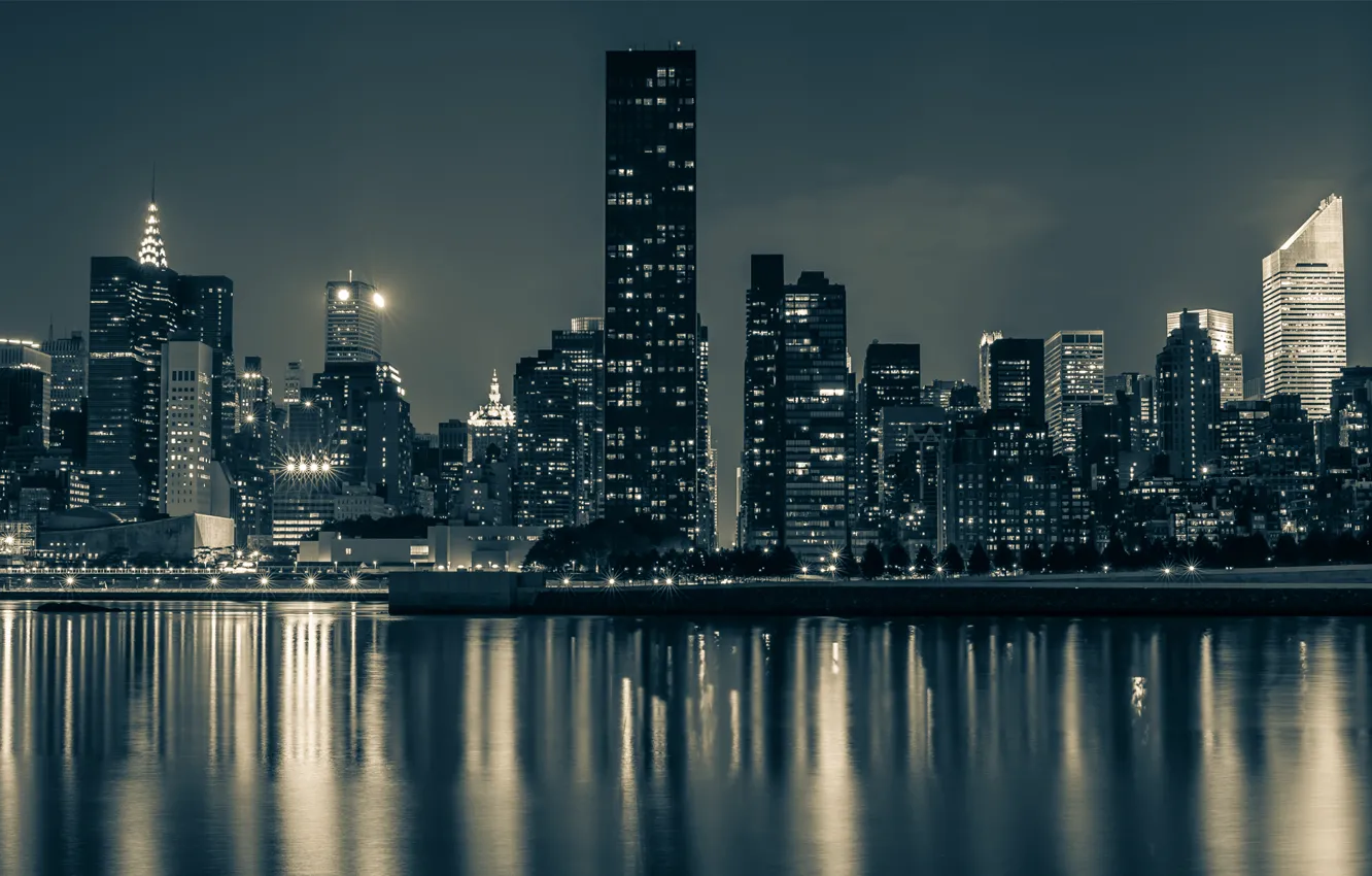 Photo wallpaper water, night, the city, reflection, new York, Manhattan, new york city, manhattan