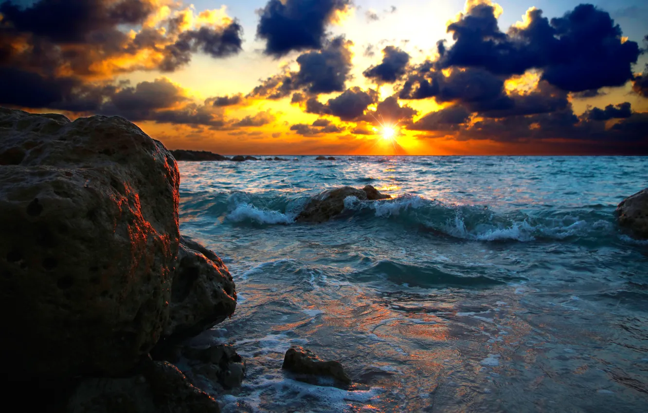 Photo wallpaper sea, sunset, stones