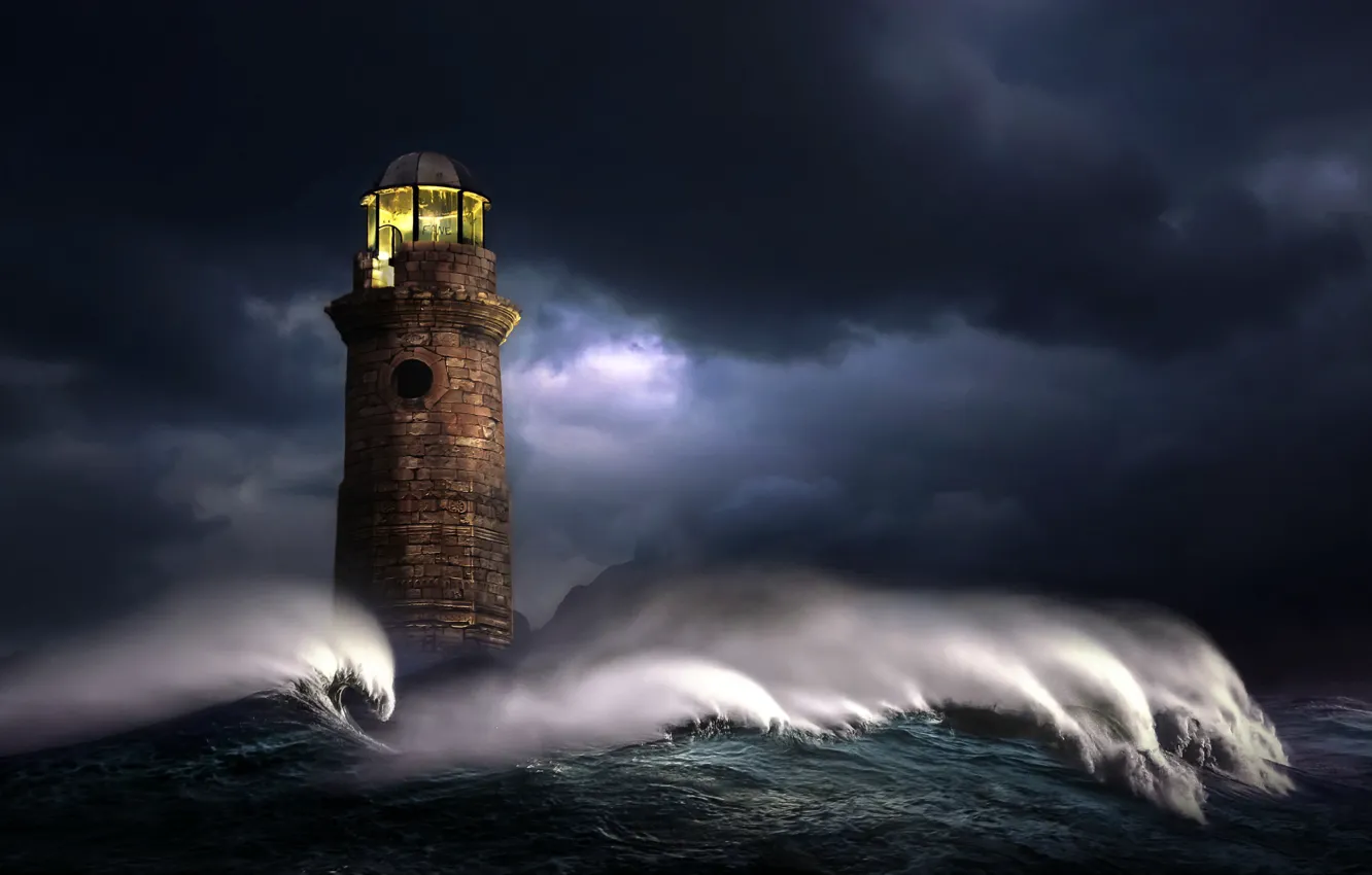 Photo wallpaper sea, wave, light, night, clouds, storm, graphics, lighthouse