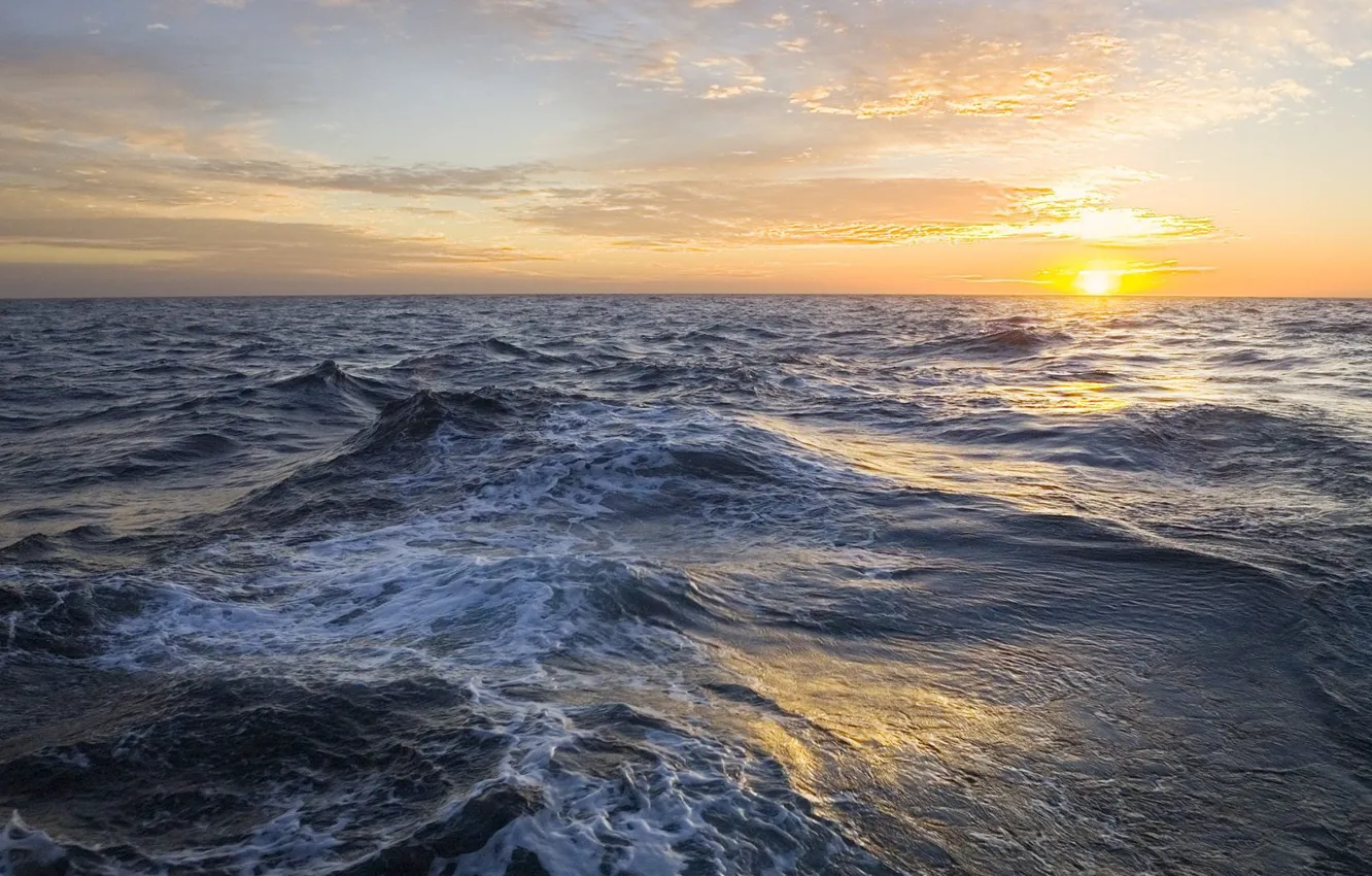 Photo wallpaper sea, wave, the sun, clouds, horizon