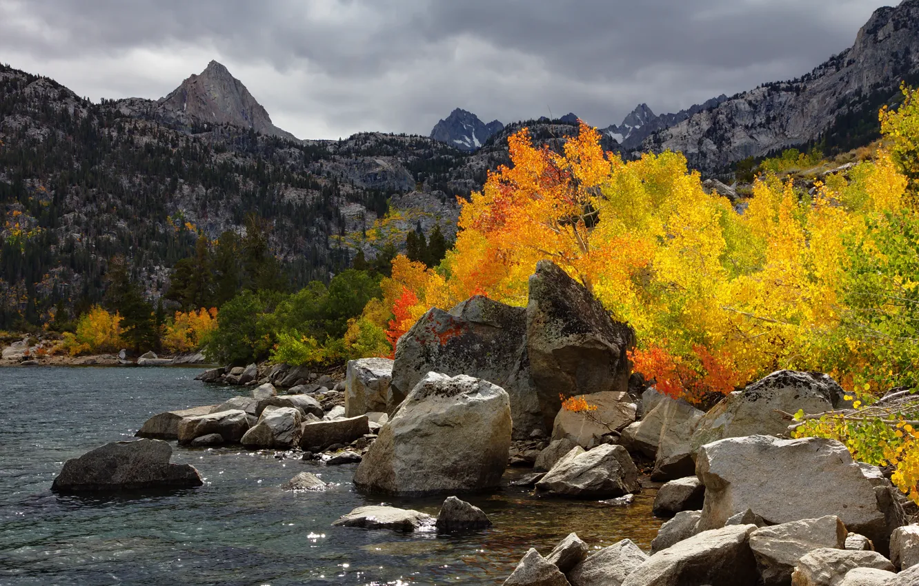 Photo wallpaper autumn, the sky, trees, mountains, clouds, lake, stones