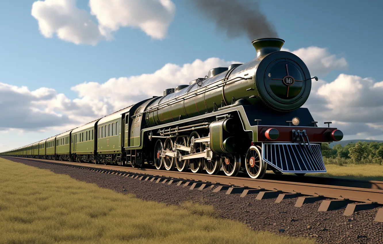 Photo wallpaper clouds, smoke, the engine, railroad, digital art, AI art, The Art of Artificial Intelligence, neural …