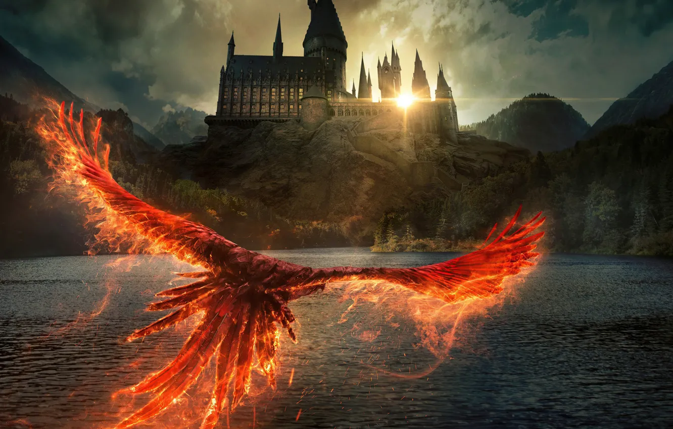 Photo wallpaper river, castle, Phoenix, poster, Fantastic Beasts: The Secrets of Dumbledore, Fantastic Beasts: Dumbledore's Secrets