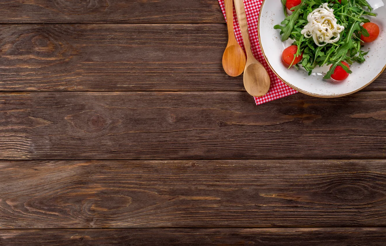 Photo wallpaper greens, spoon, tomatoes, sauce, salad, cherry, mayonnaise