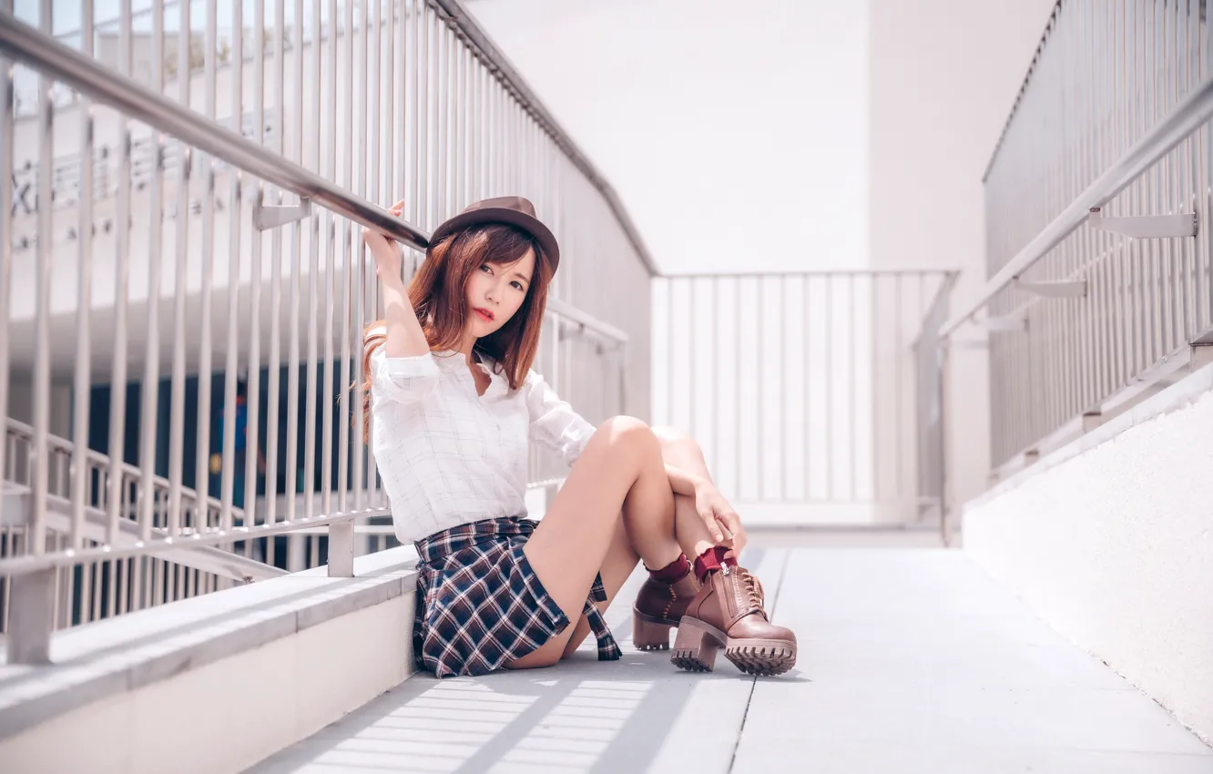 Photo wallpaper girl, hair, hat, shirt, legs, Asian, sitting, cutie