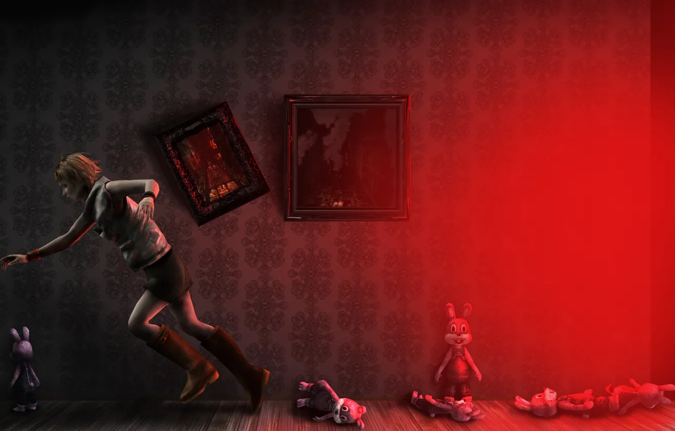 Photo wallpaper girl, room, wall, the darkness, toys, skirt, boots, art