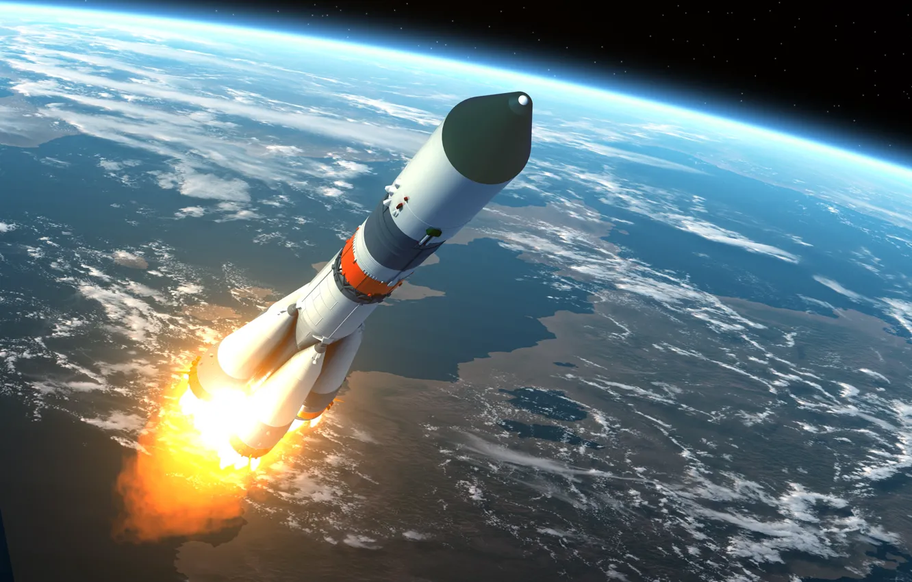 Photo wallpaper space, earth, planet, rocket, Russia, the rise, Soyuz-2.1A