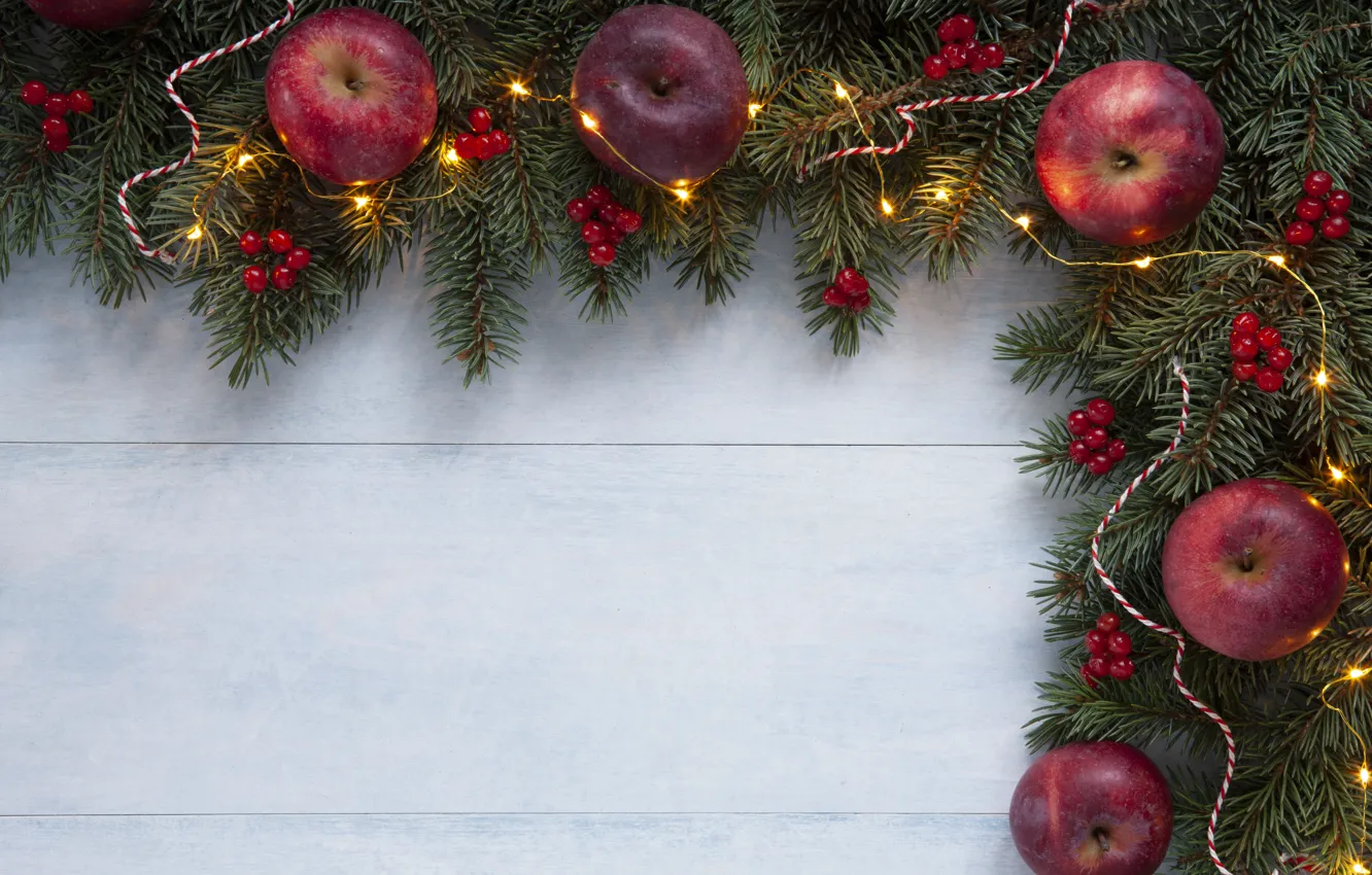 Photo wallpaper decoration, apples, Christmas, New year, christmas, new year, wood, merry