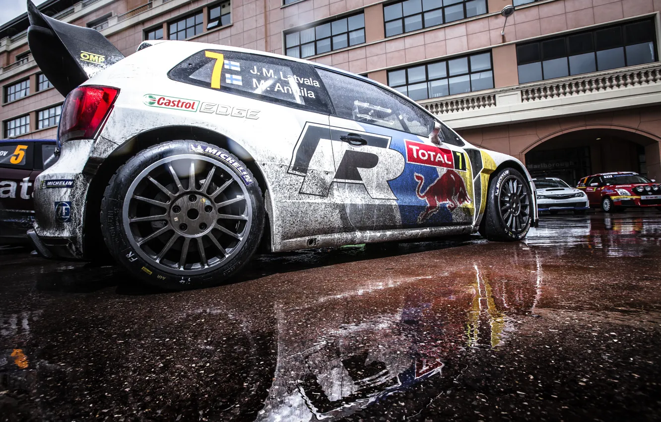 Photo wallpaper Reflection, Wheel, Volkswagen, Machine, Red Bull, WRC, Rally, Polo