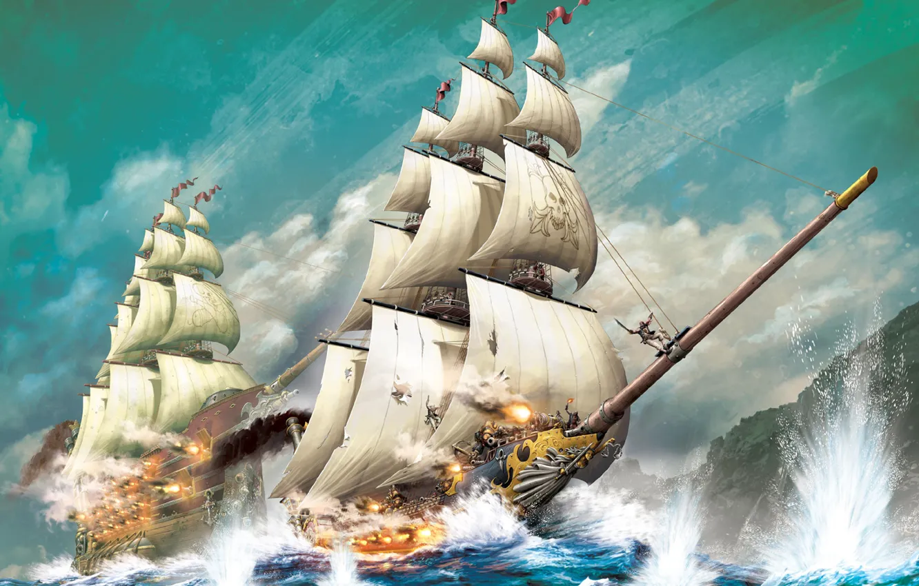 Photo wallpaper sea, wave, squirt, rocks, ships, gun, steampunk, the battle