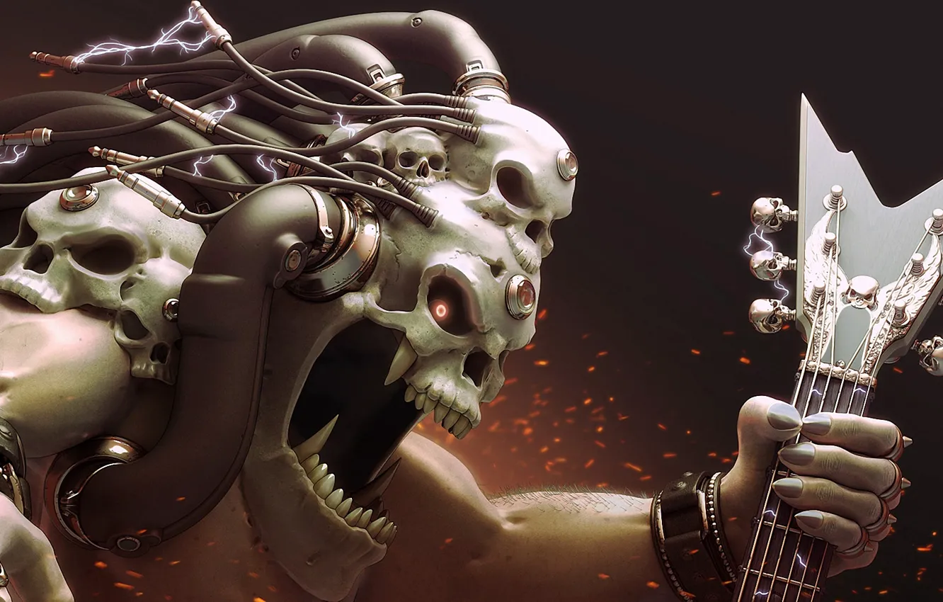 Photo wallpaper wire, skull, guitar, monster, head, art, electricity, sparks