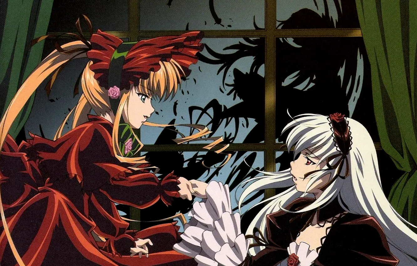 Photo wallpaper night, shadow, dress, window, dispute, rozen maiden, suigintou, long hair