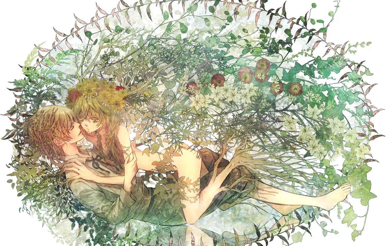 Photo wallpaper leaves, girl, flowers, anime, tears, art, guy, shijuu ago