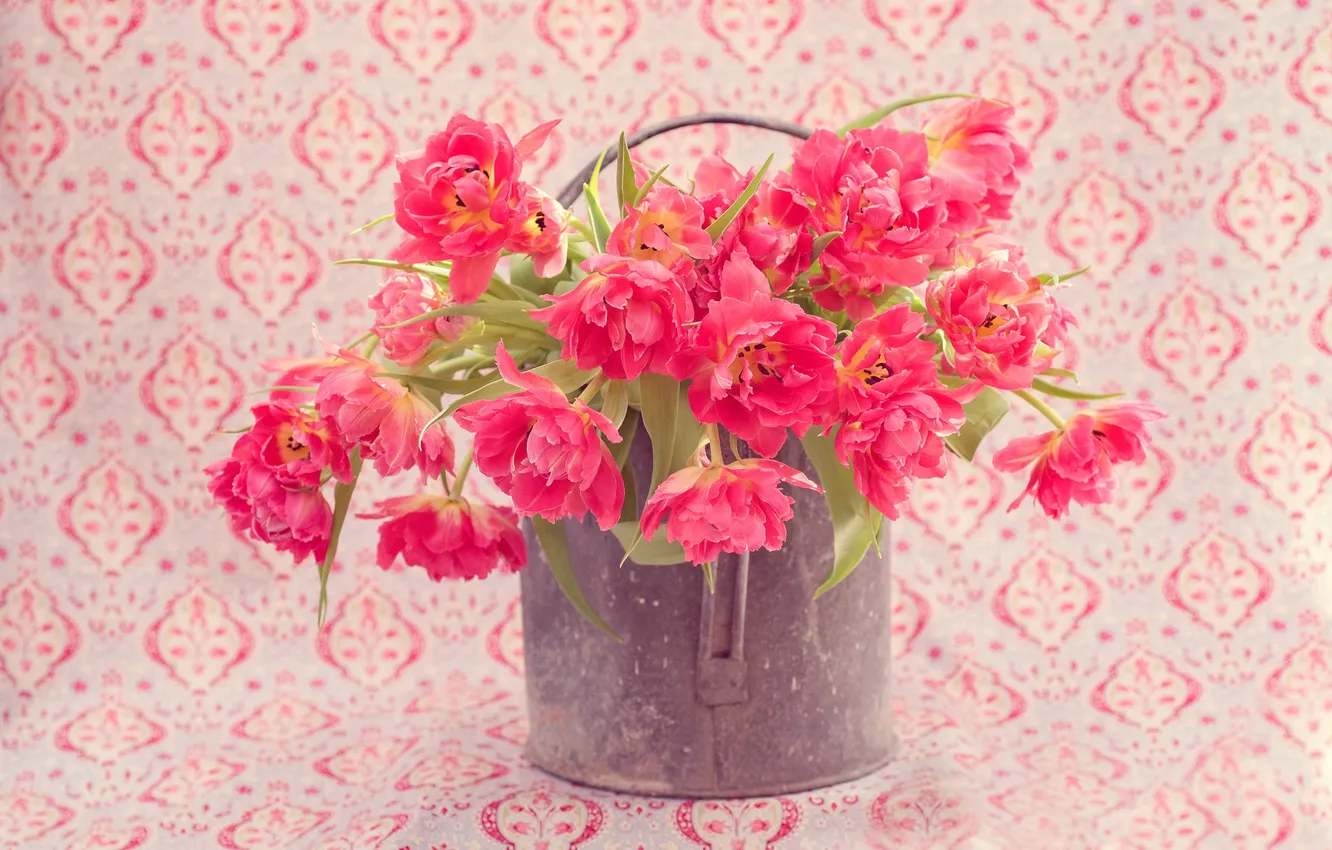 Photo wallpaper background, bouquet, tulips, lake