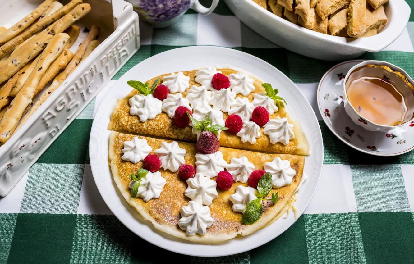 Photo wallpaper tea, strawberry, pancakes, cream