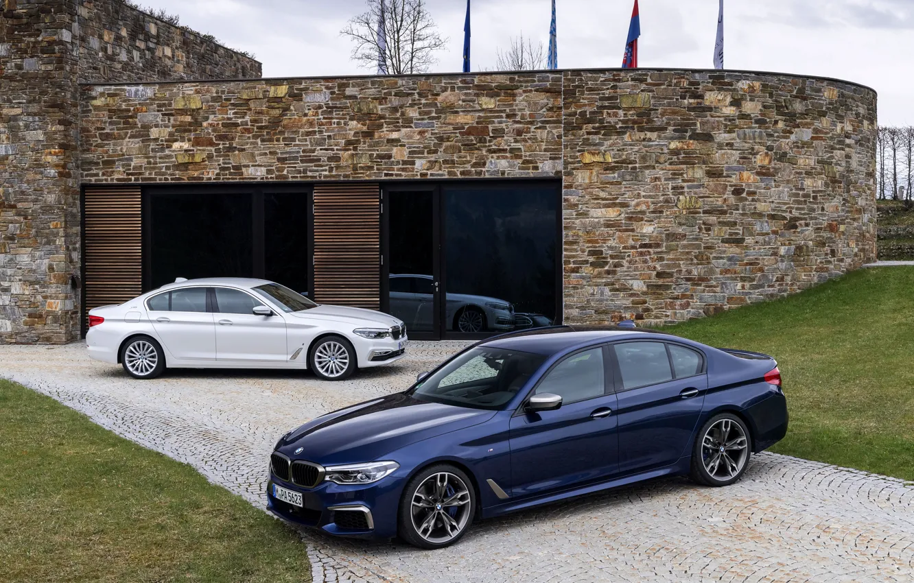 Photo wallpaper white, lawn, BMW, Parking, hybrid, 5, dark blue, 2017