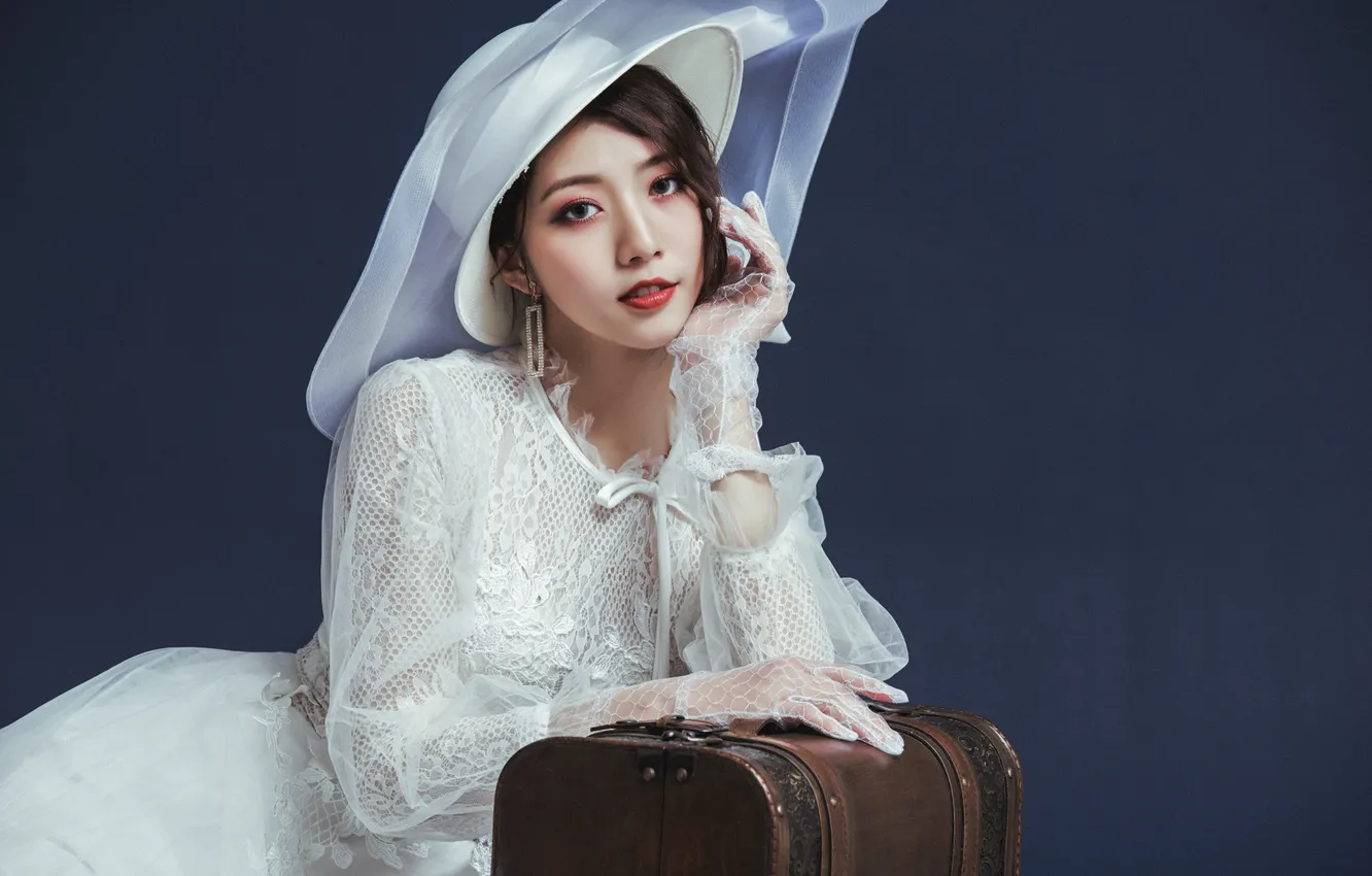 Photo wallpaper girl, hat, dress, gloves, Asian, bag
