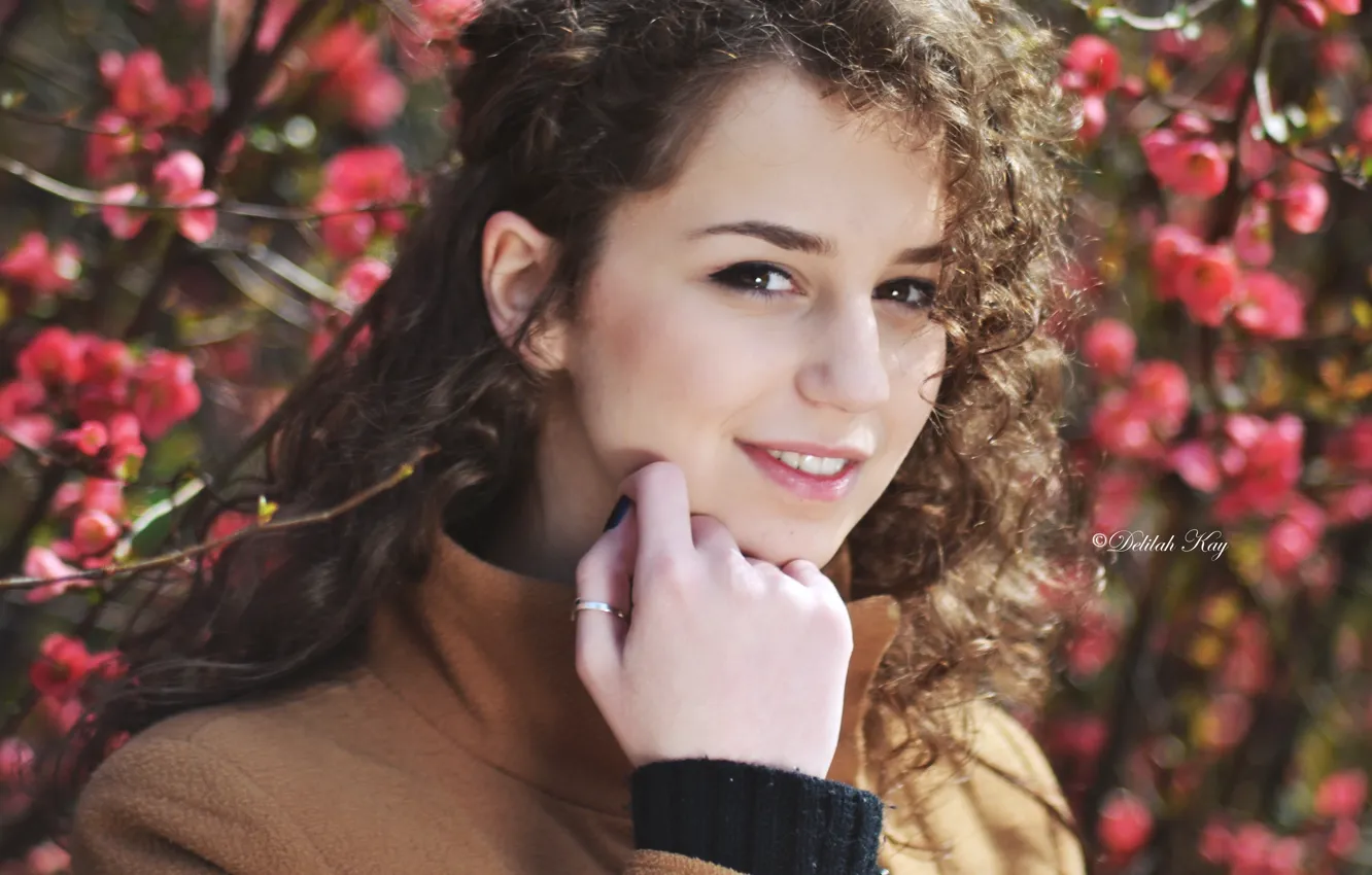 Photo wallpaper look, girl, flowers, branches, spring, ring, curls, brown hair