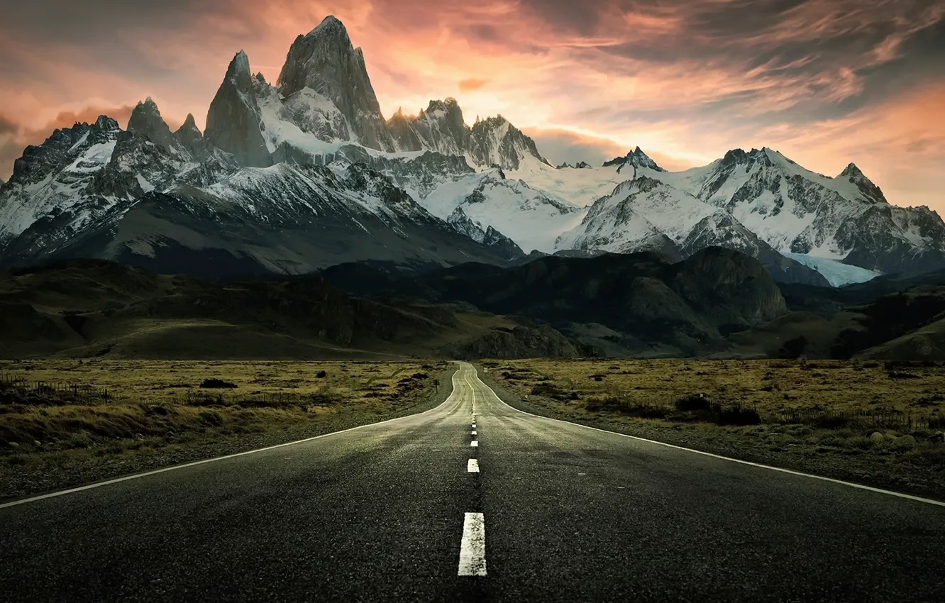 Photo wallpaper road, sunset, mountains