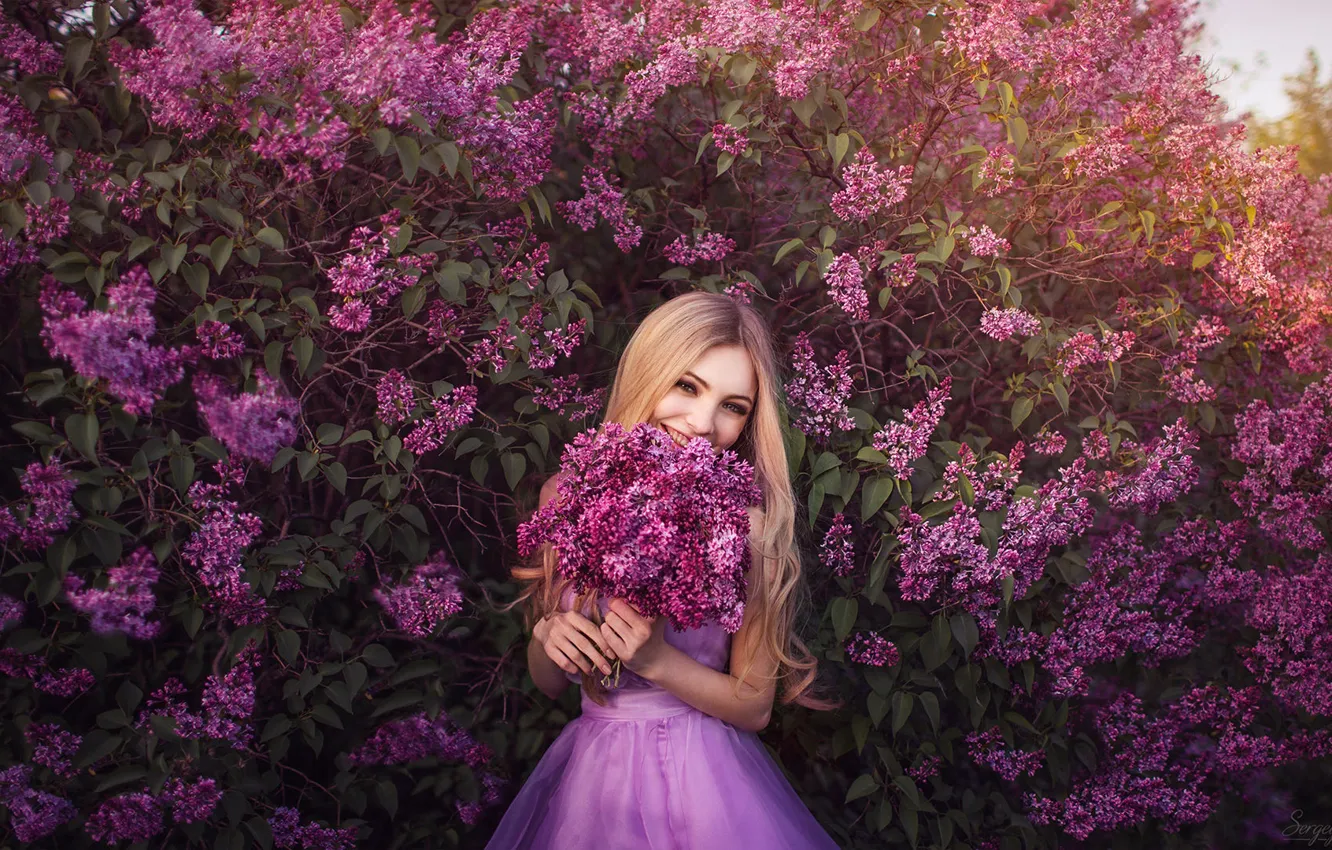 Photo wallpaper flowers, smile, mood, lilac, photographer Sergey Shatskov, THE BLONDE.
