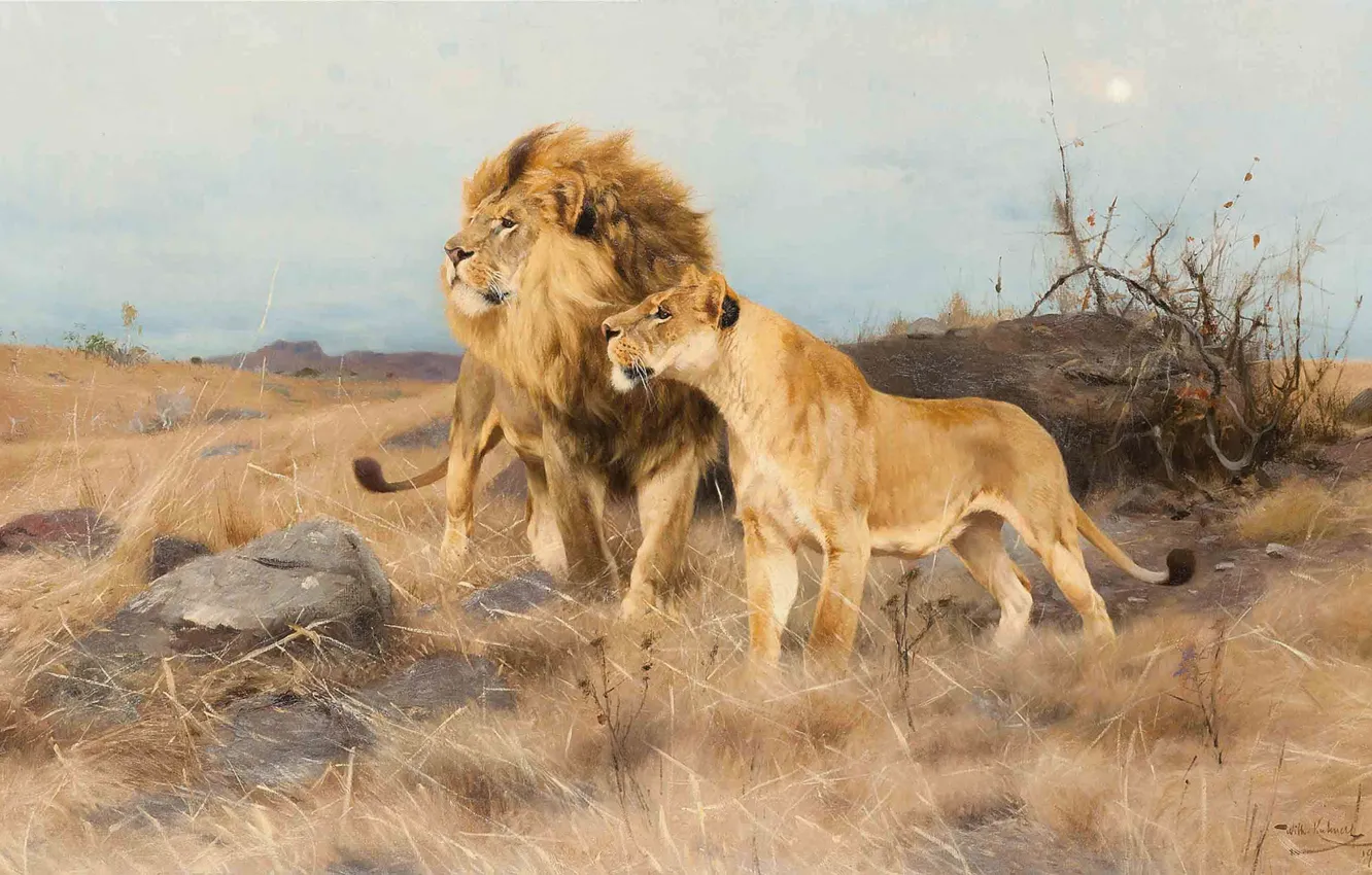 Photo wallpaper 1913, German painter, Friedrich Wilhelm Kunert, German painter, Friedrich Wilhelm Kuhnert, On the warpath, On …