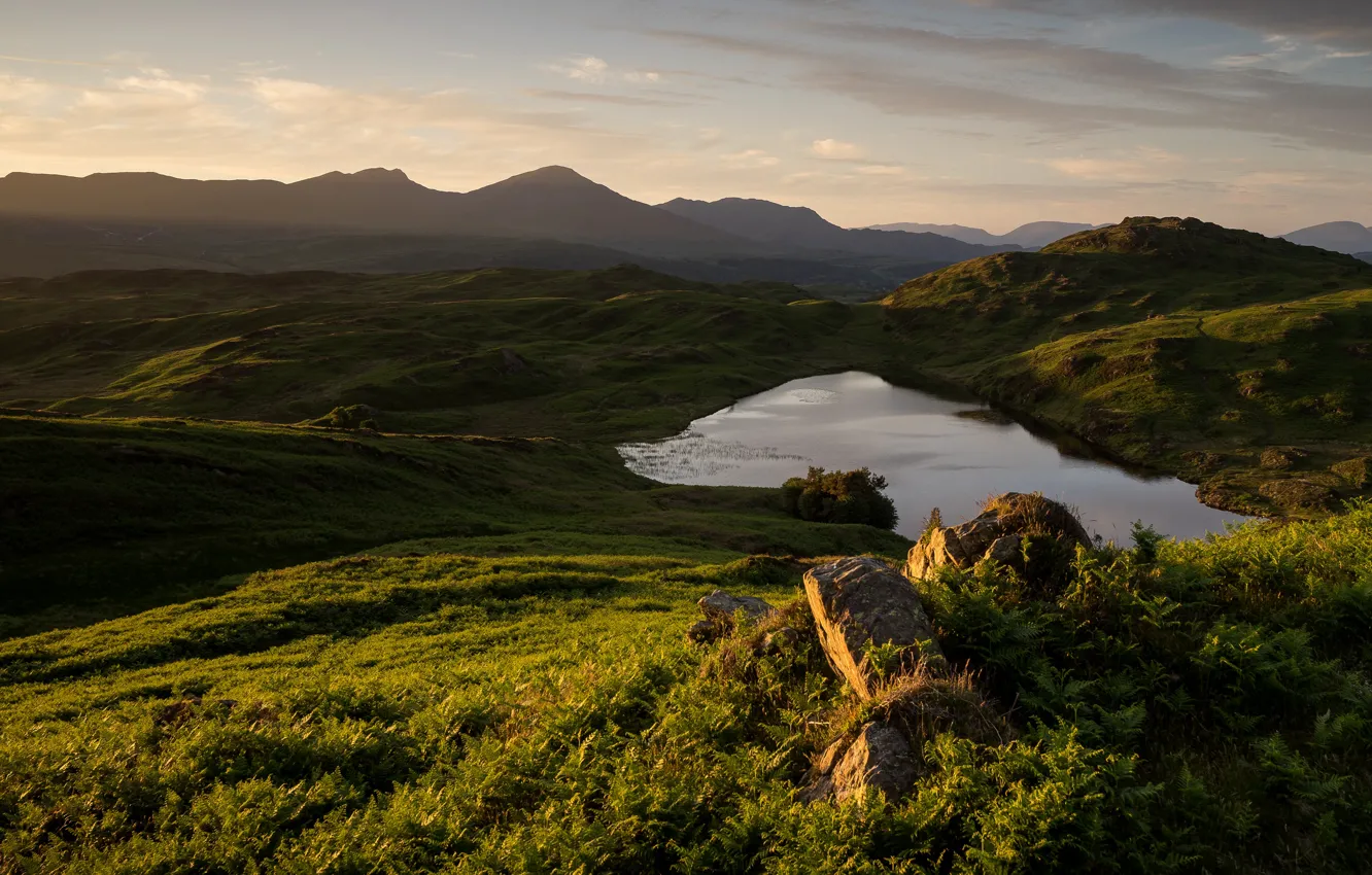 Photo wallpaper greens, field, summer, the sky, clouds, landscape, mountains, nature