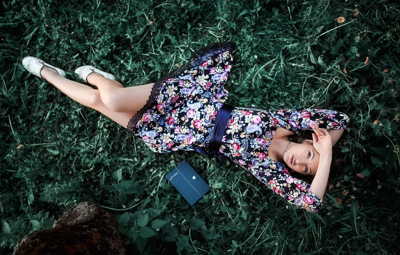 Photo wallpaper grass, look, pose, mood, dress, book, Light, Hakan Erenler
