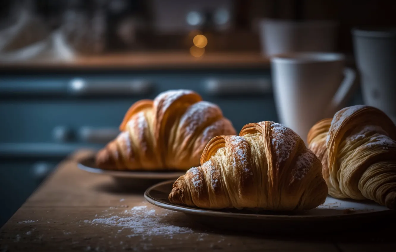 Photo wallpaper table, coffee, Breakfast, plates, drink, mugs, cakes, bokeh