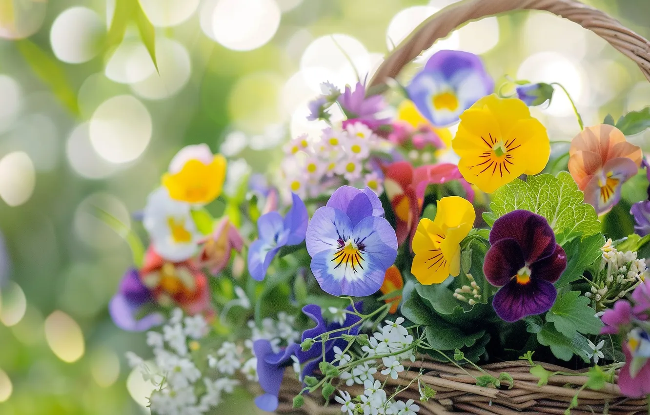 Photo wallpaper flowers, spring, Pansy, basket, viola, AI art, neural network