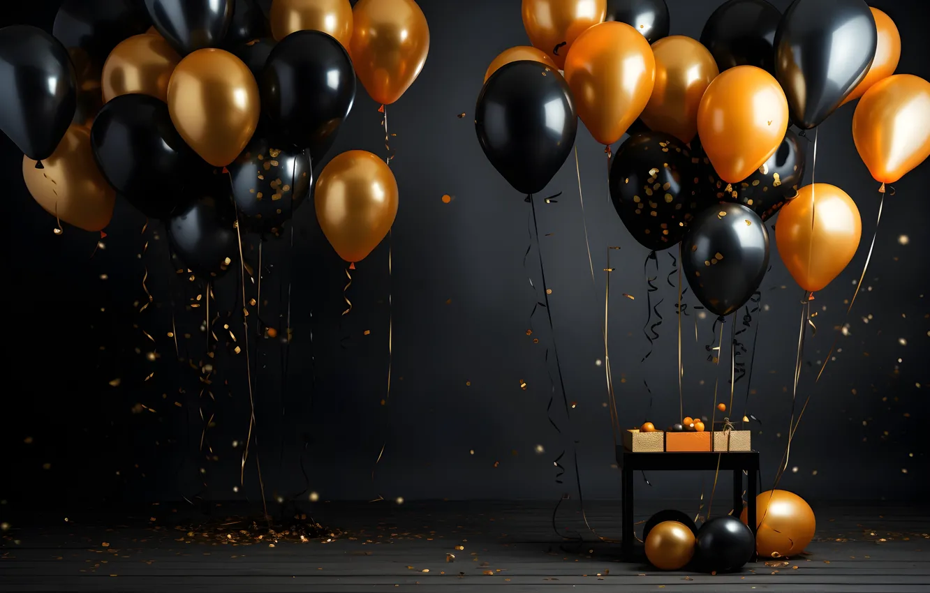 Photo wallpaper balls, orange, balloons, the dark background, wall, birthday, holiday, balls