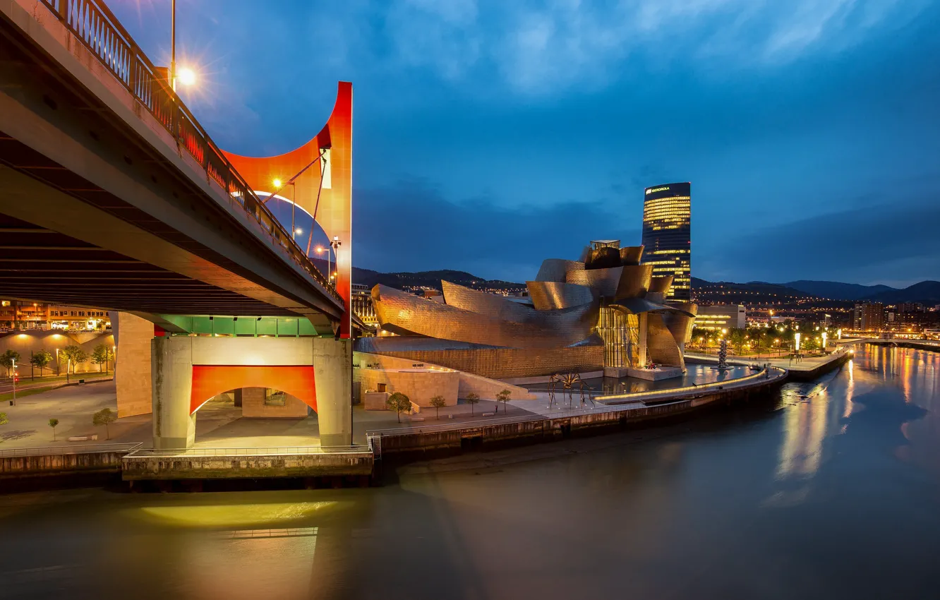 Photo wallpaper lights, the evening, Spain, Bilbao, The Guggenheim Museum