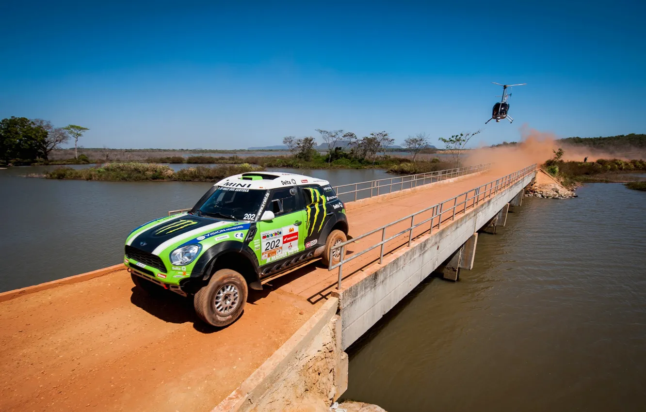 Photo wallpaper Bridge, Green, Helicopter, Race, Mini Cooper, Rally, Dakar, Dakar