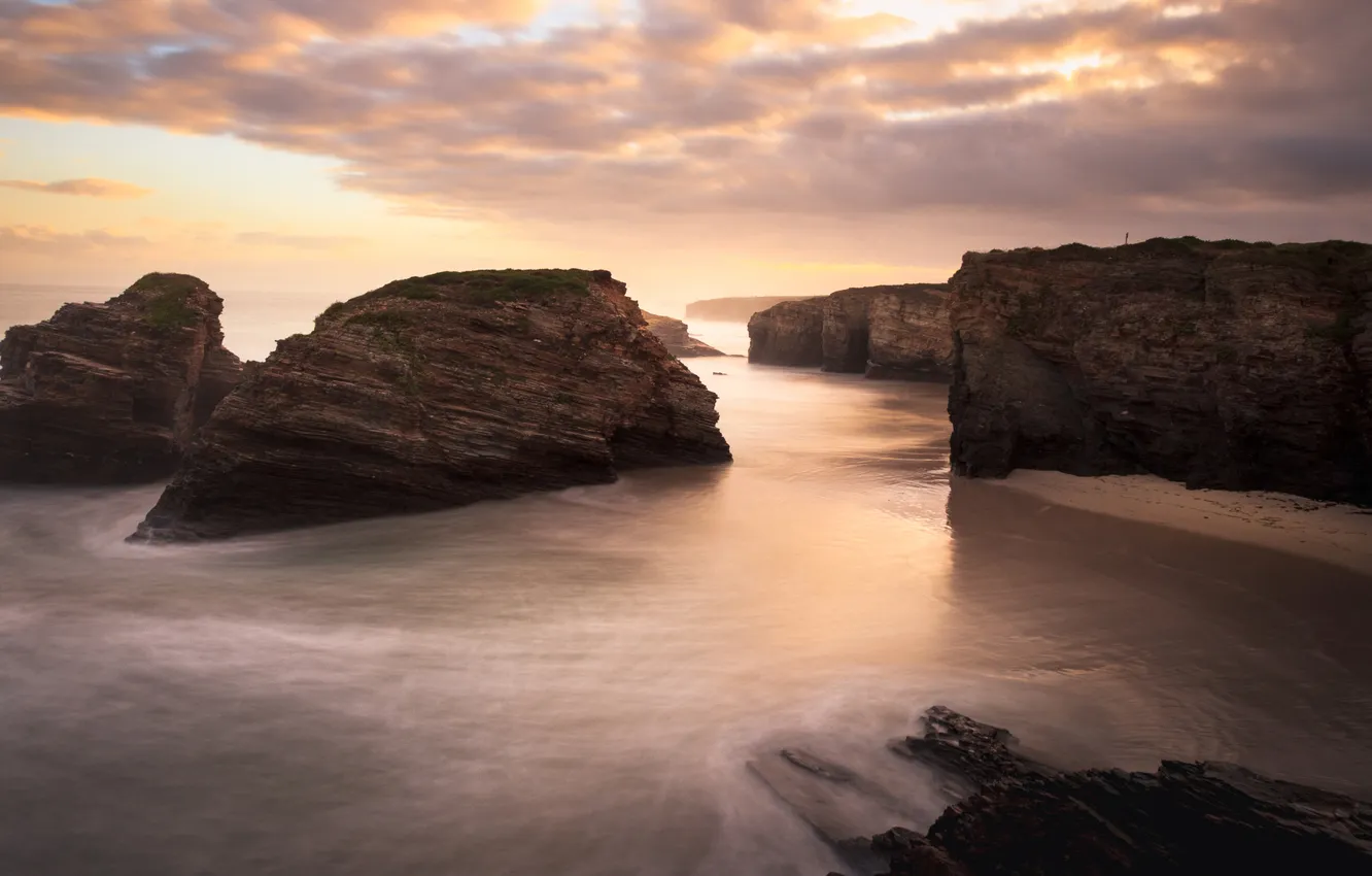 Photo wallpaper sea, clouds, rocks, morning, pond