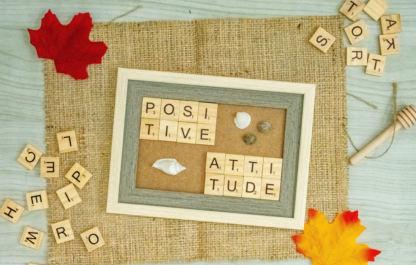 Photo wallpaper autumn, leaves, letters, the inscription, positive, frame, fabric, shell