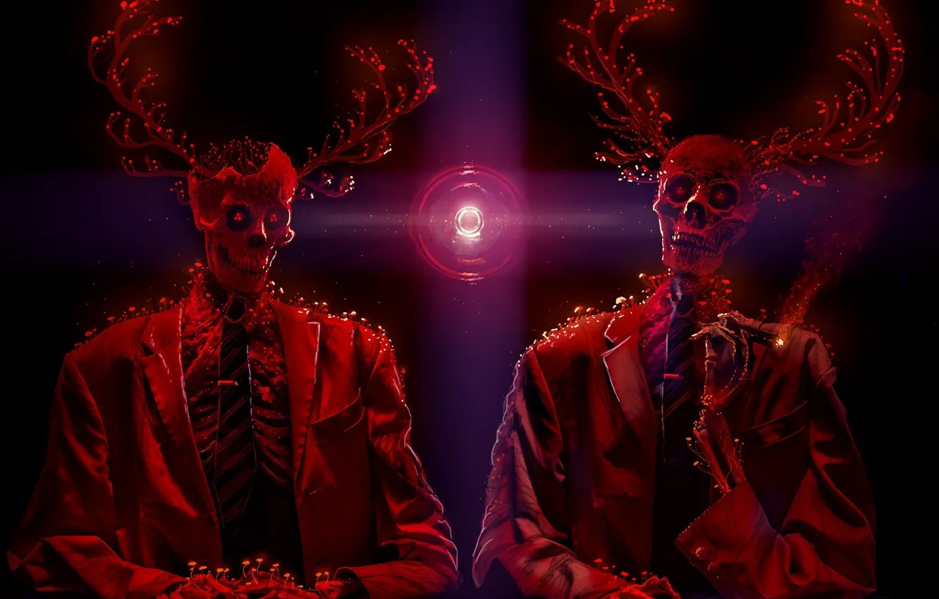 Photo wallpaper the dark background, costume, skeleton, horns, undead, romance of the Apocalypse, romantically apocalyptic