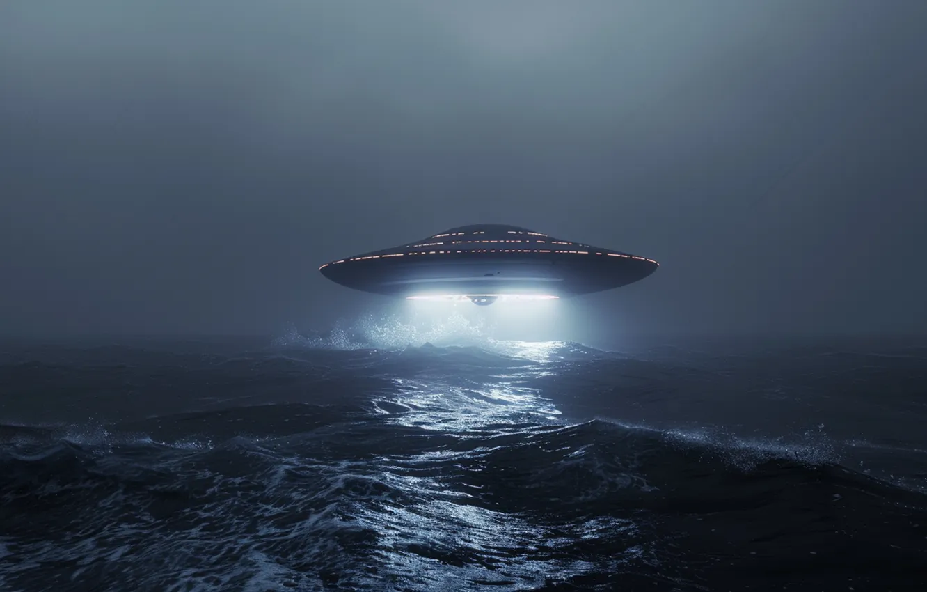 Photo wallpaper sea, water, UFO, alien, flying saucer, AI art, The Art of Artificial Intelligence, The Bermuda …