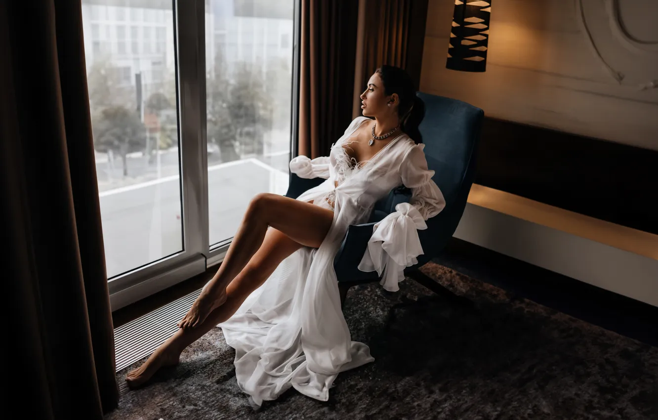 Photo wallpaper pose, feet, model, chair, window, sitting, Oleg Zaitsev